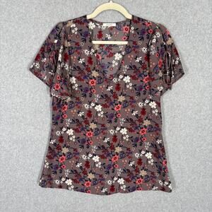 Pleione‎ Blouse Small Floral Mauve Flutter Tie Sleeve Career Church Cottage